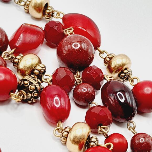 Chico’s Red Glass Beaded Necklace 38” Two Strand Gold Tone Accents Statement - Picture 10 of 11